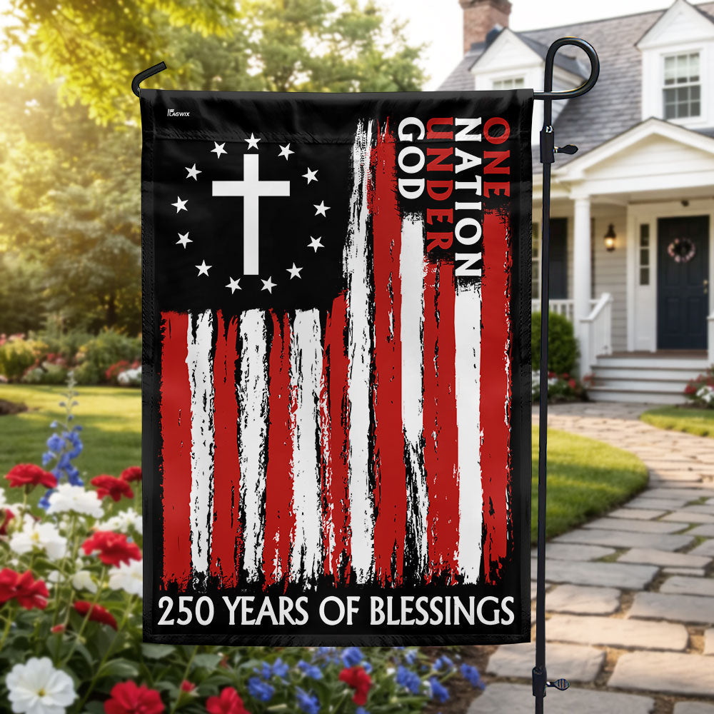 250 Years of Blessings One Nation Under God Christian Cross Vintage US Flag