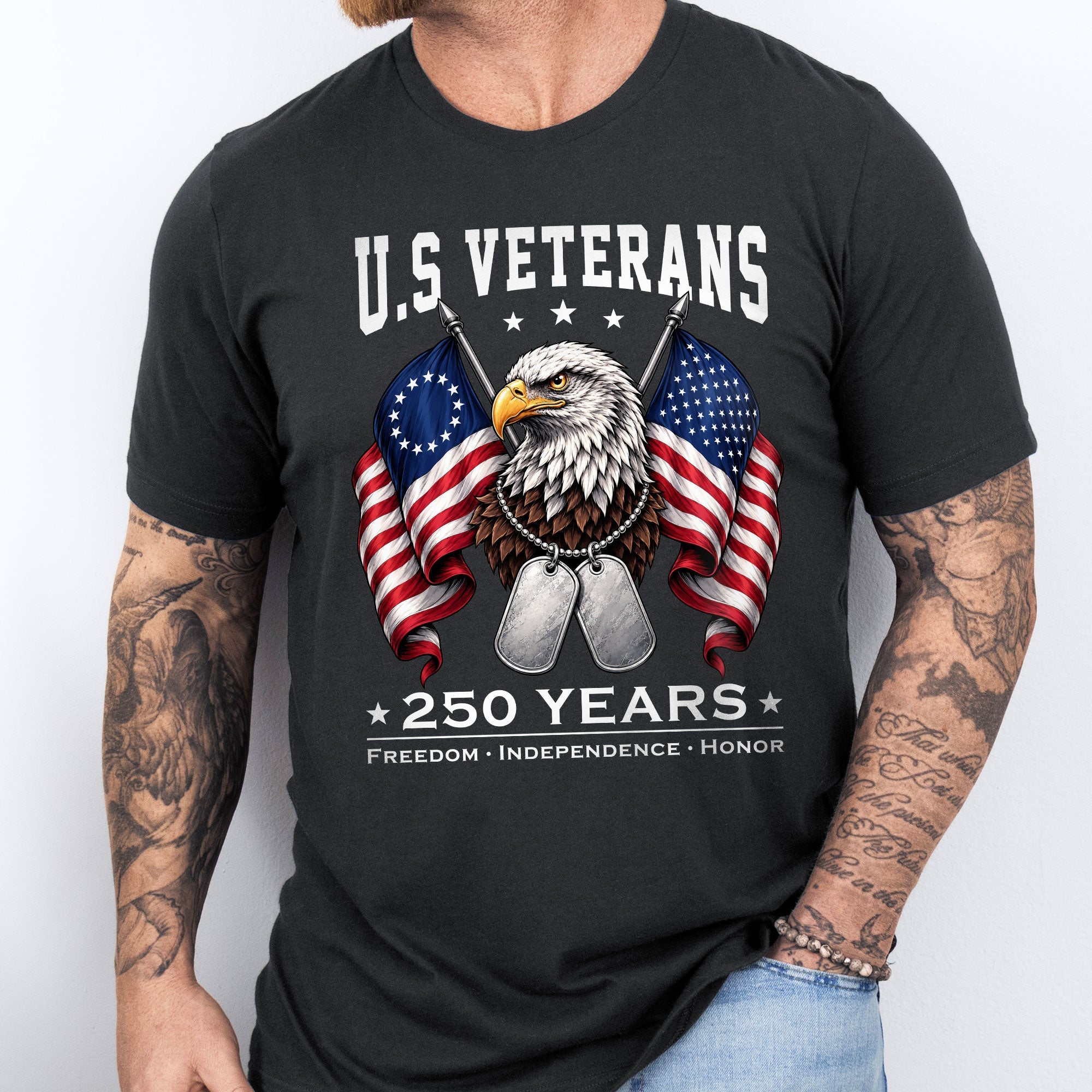 Patriotic T-shirt, 250 Years Freedom Independence Honor Eagle Betsy Ross Tee
