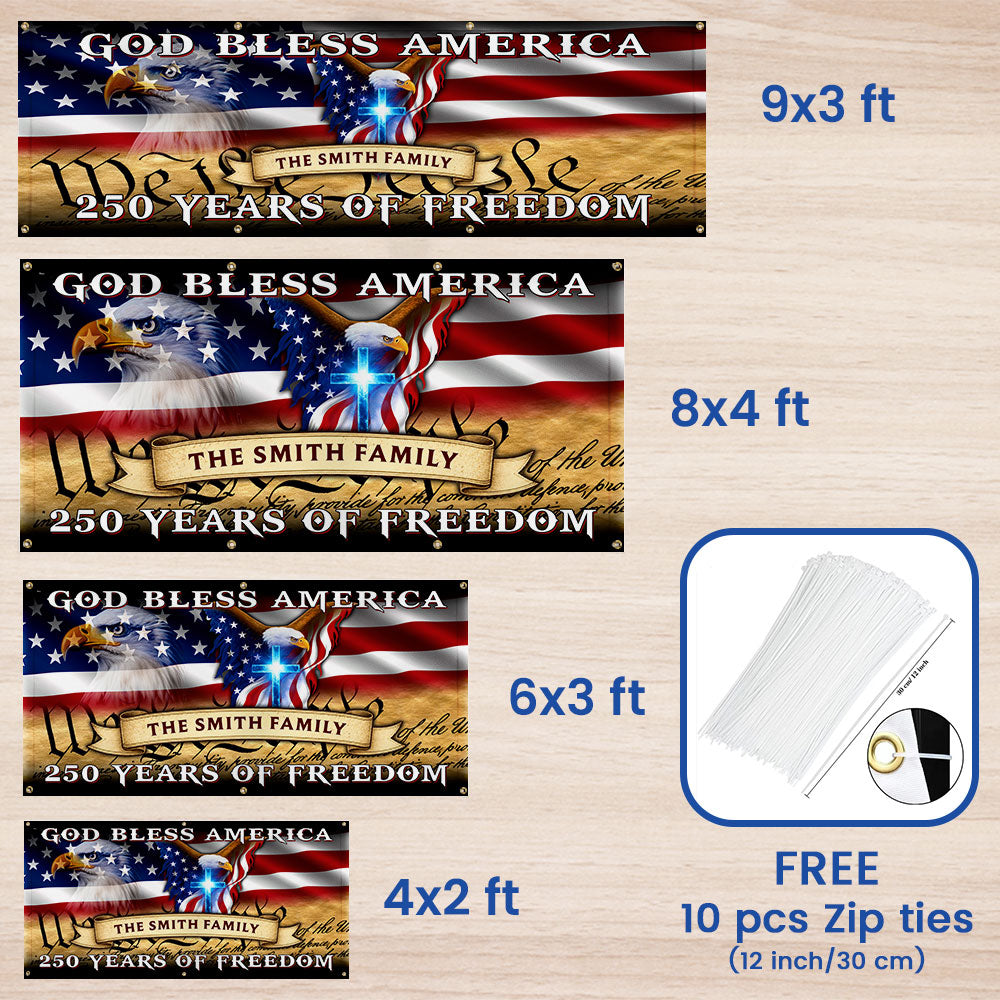Personalized Fence Banner God Bless America, Patriotic 250 Years of Freedom Custom Outdoor Flag