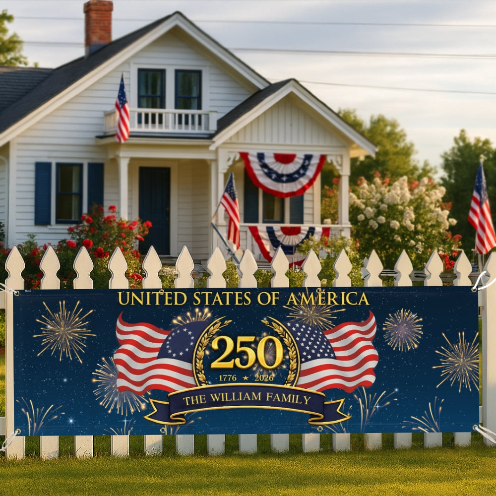 Personalized 250 Semiquincentennial Fence Banner, United States of America Patriotic 1776 2026 Custom Outdoor Flag