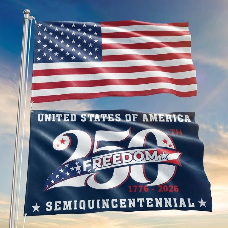250 Years of Freedom American Flag, Patriotic Anniversary 1776 2026 Grommet Flag