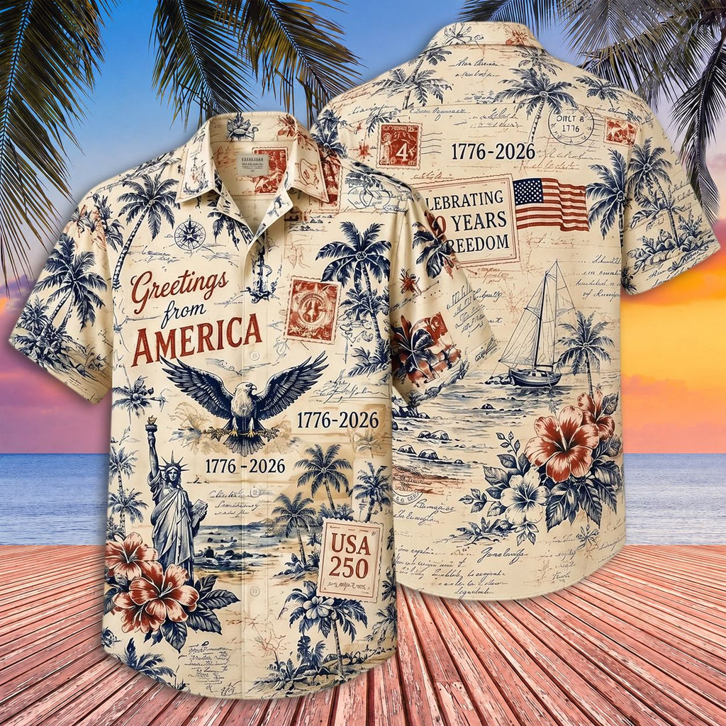 Vintage Greetings From America Hawaiian Shirt, USA 250th Anniversary AOP Hawaii Shirt 685263