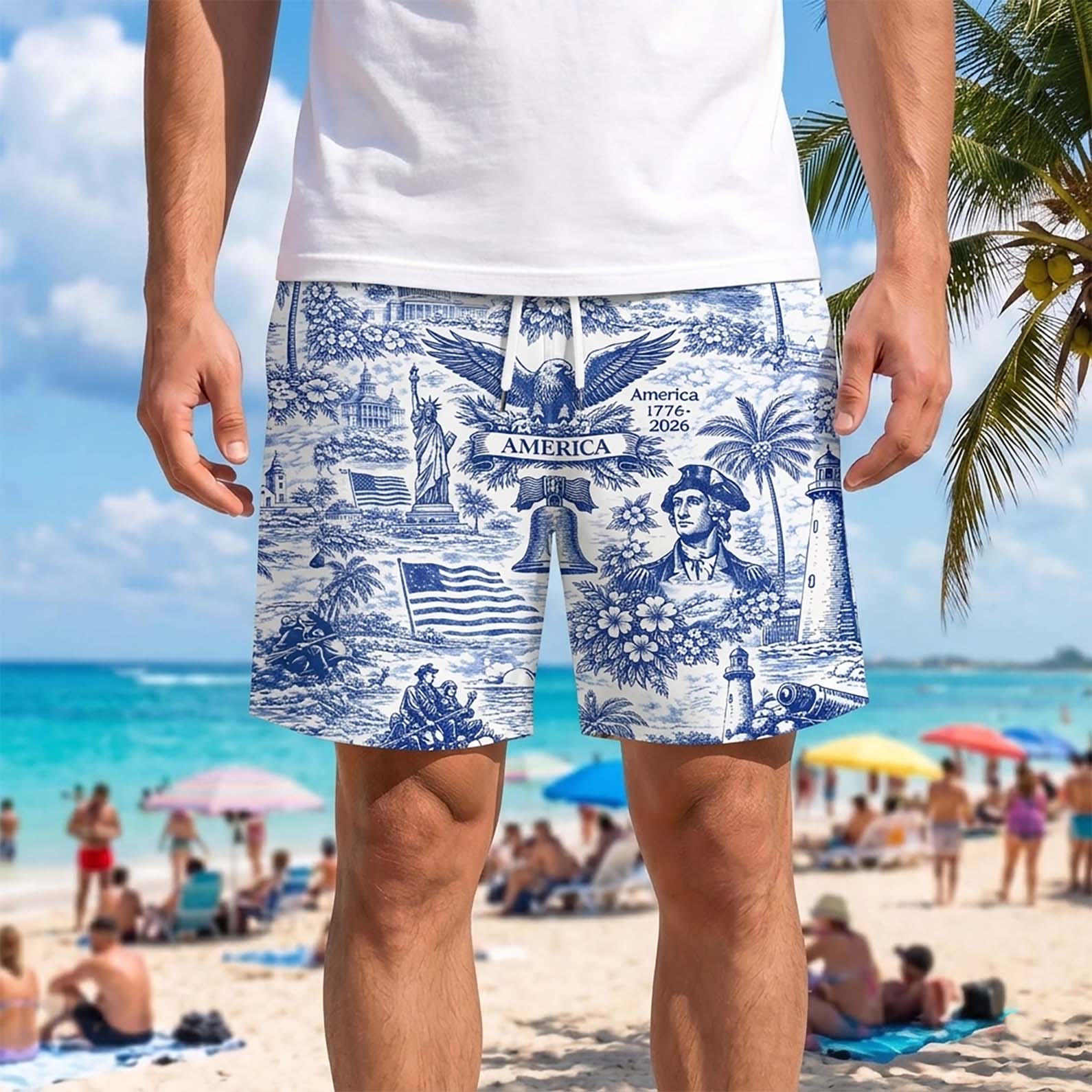 250 Years of America Beach Shorts 1776–2026 | Vintage Patriotic AOP Hawaiian Beach Shorts | 4th of July Beach Shorts 684725