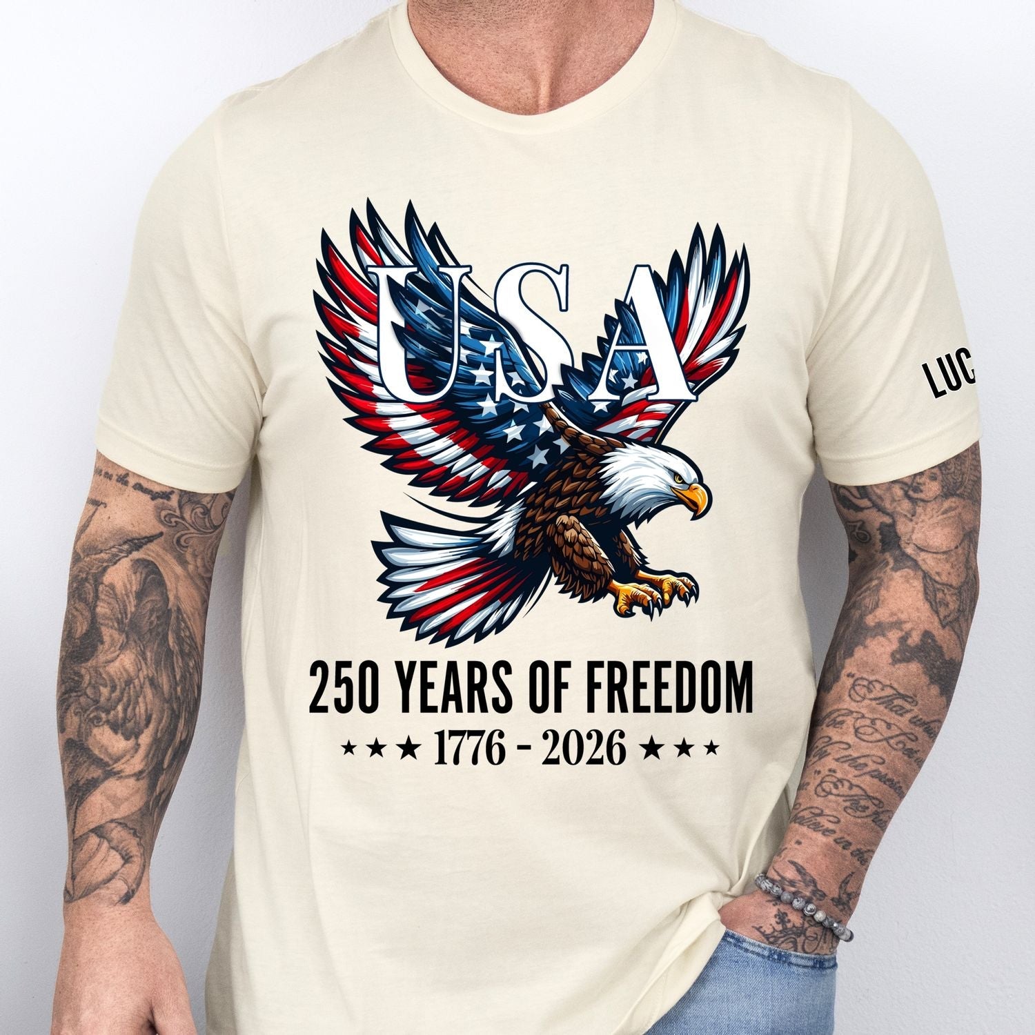 USA 250 Years of Freedom Personalized T-Shirt | Bald Eagle Patriotic Tee