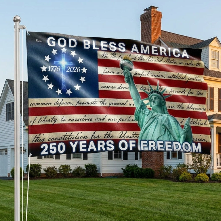 Patriotic 250 Years of Freedom, God Bless America 1776 2026 American Grommet Flag