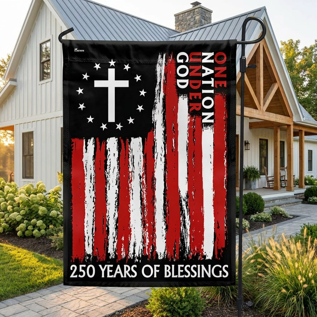 250 Years of Blessings One Nation Under God Christian Cross Vintage US Flag
