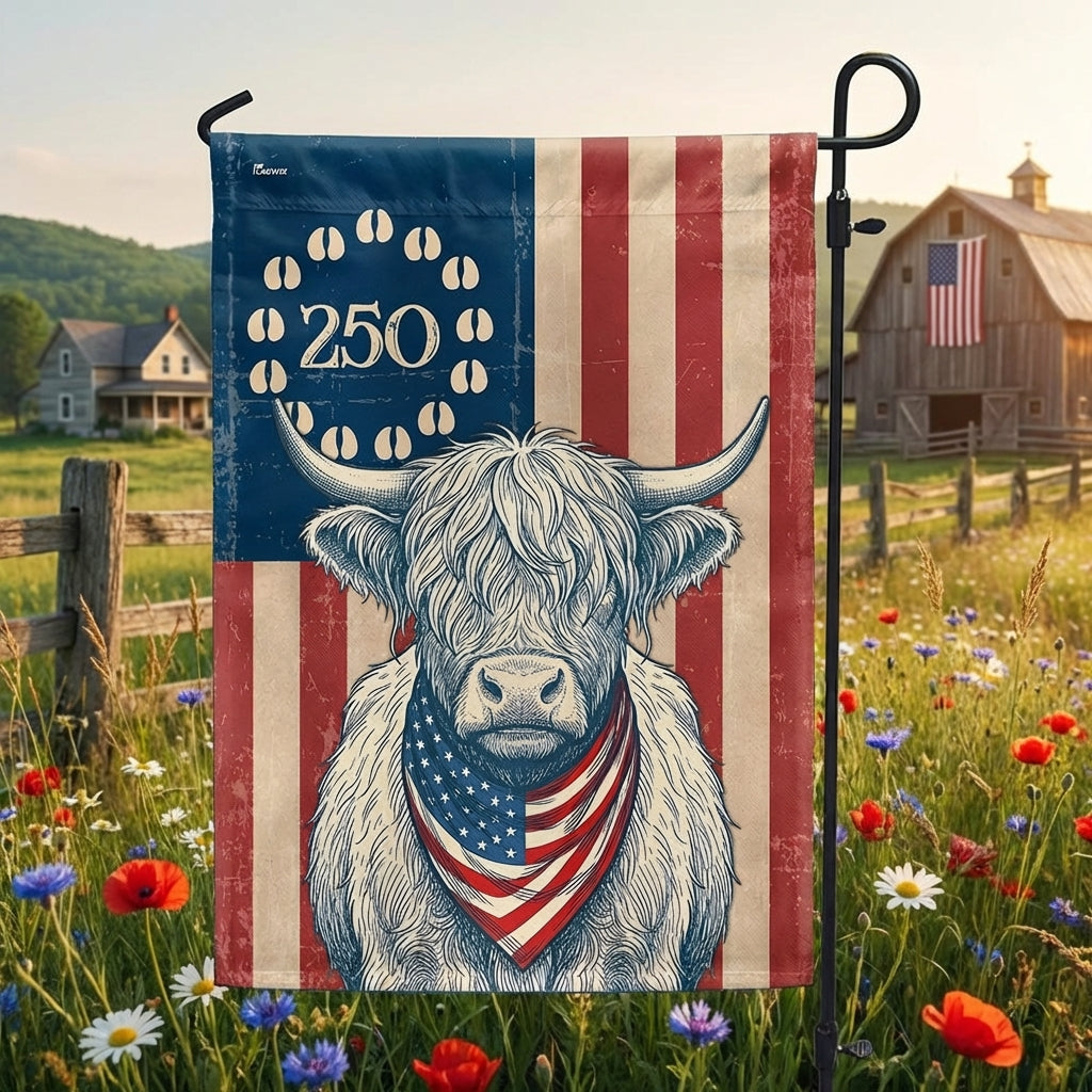 Flagwix Patriotic Highland Cow Garden Flag - 250th Anniversary Cow Farmer Prints Betsy Ros Flag Decor