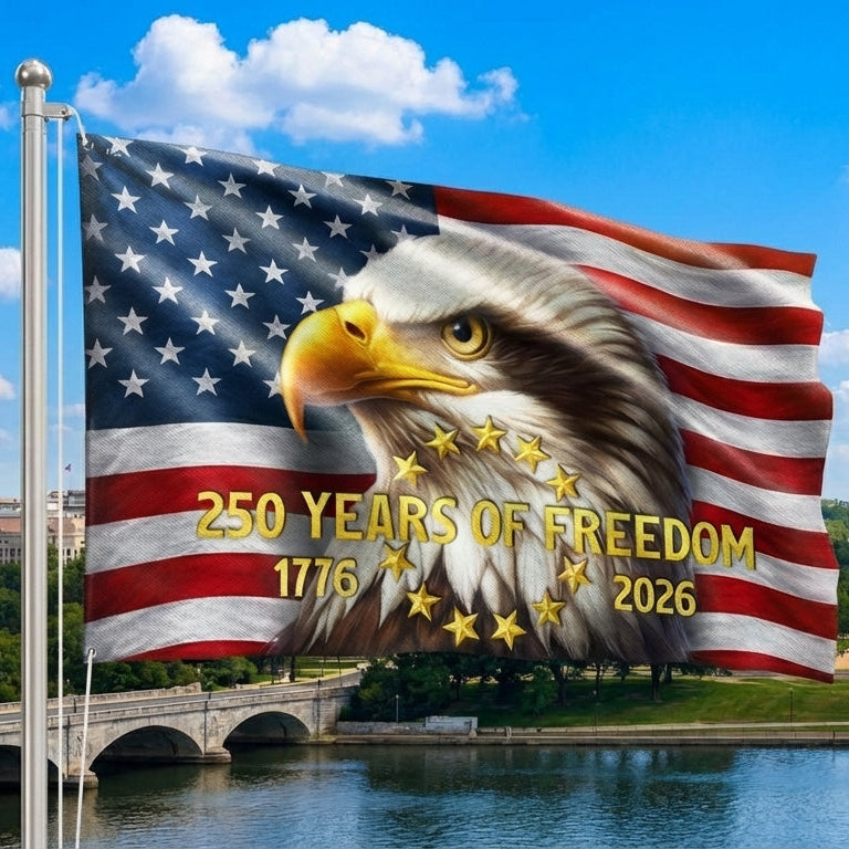 250 Years of Freedom American Flag, Patriotic Bald Eagle 1776 2026 Grommet Flag