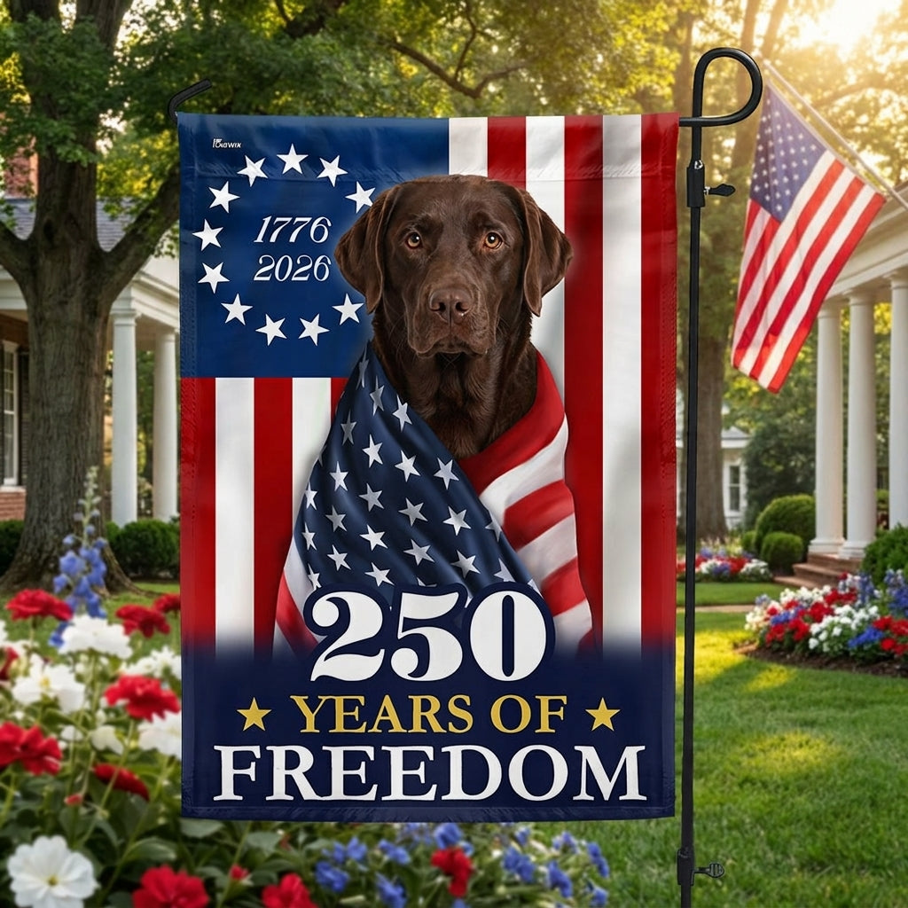 Patriotic Dog Garden Flag, American Chocolate Labrador Retriever 250 Years Flag