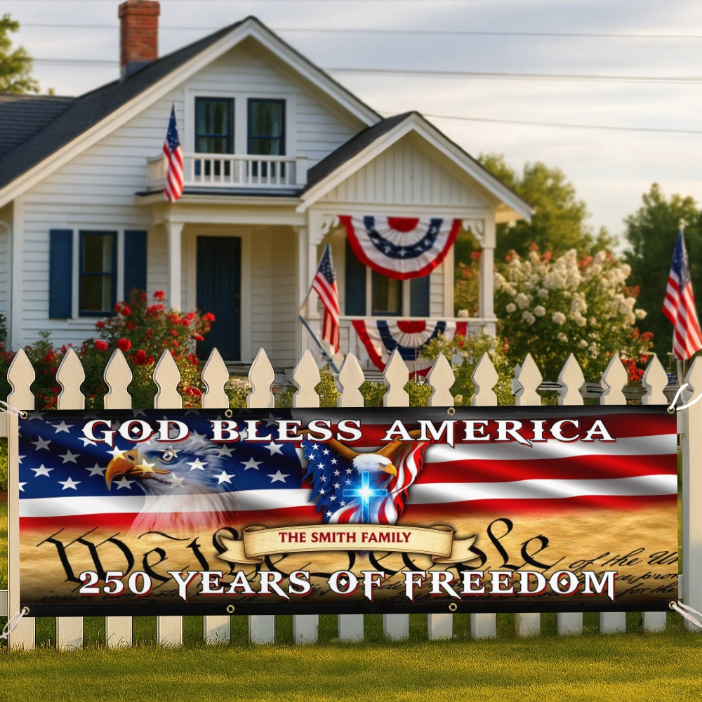 Personalized Fence Banner God Bless America, Patriotic 250 Years of Freedom Custom Outdoor Flag