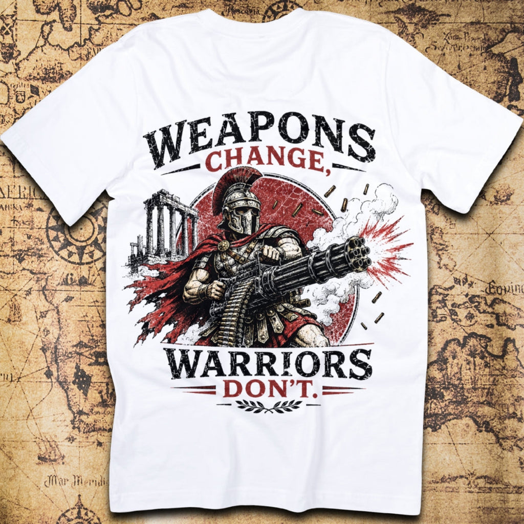 Weapons Change, Warriors Don't Roman Soldier Minigun T-Shirt