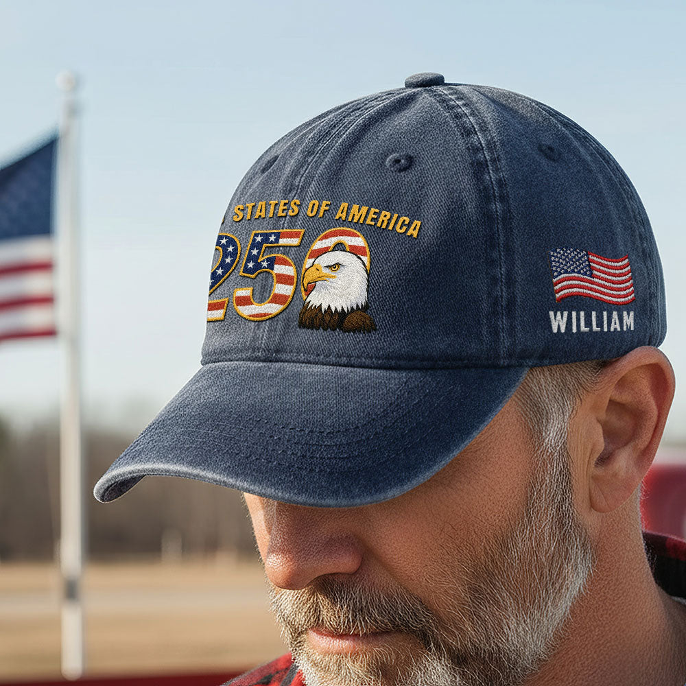 Personalized Patriotic 250th Anniversary Washed Cap with Embroidered American Flag