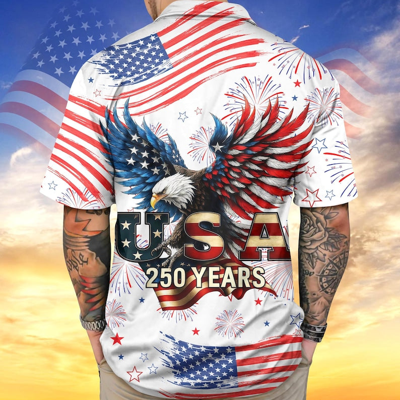 USA 250 Years Hawaiian Shirt, Patriotic Eagle Aloha Shirt, American Flag Fireworks Shirt, 1776 2026 Independence Shirt