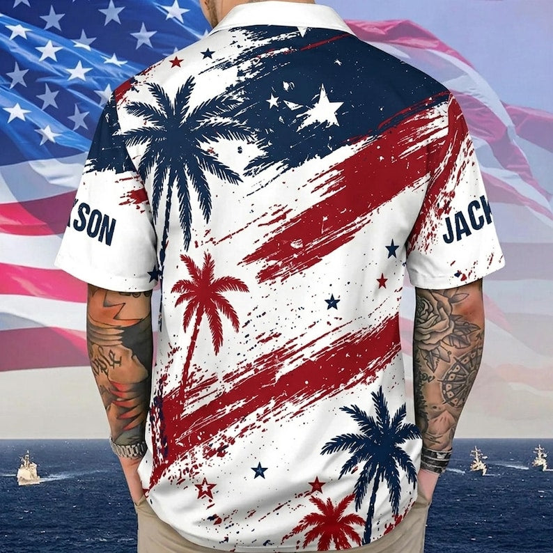 Custom America 250th Anniversary Hawaiian Shirt, 1776-2026 Patriotic Palm Tree Aloha T-Shirt, USA Semiquincentennial Button Down Gift