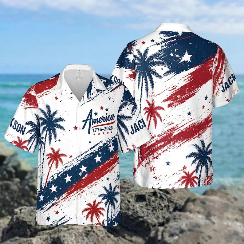 Custom America 250th Anniversary Hawaiian Shirt, 1776-2026 Patriotic Palm Tree Aloha T-Shirt, USA Semiquincentennial Button Down Gift