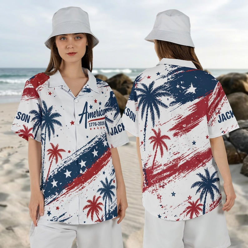 Custom America 250th Anniversary Hawaiian Shirt, 1776-2026 Patriotic Palm Tree Aloha T-Shirt, USA Semiquincentennial Button Down Gift
