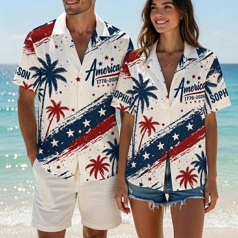 Custom America 250th Anniversary Hawaiian Shirt, 1776-2026 Patriotic Palm Tree Aloha T-Shirt, USA Semiquincentennial Button Down Gift