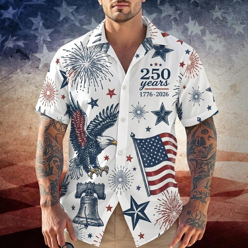250 Years America 1776-2026 Hawaiian Shirt, Vintage Patriotic Patchwork Aloha Tee, USA Semiquincentennial Gift, Quilted Flag Summer Top