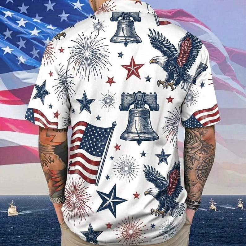 250 Years America 1776-2026 Hawaiian Shirt, Vintage Patriotic Patchwork Aloha Tee, USA Semiquincentennial Gift, Quilted Flag Summer Top