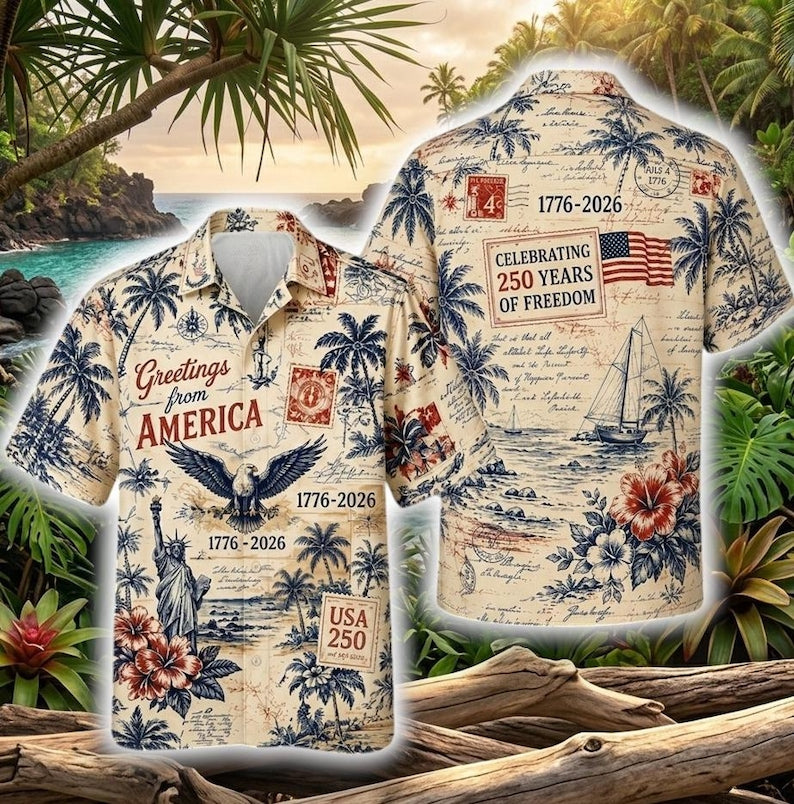 Patriotic USA 250 Year Celebration Hawaiian Shirt, Eagle Statue Liberty Hawaiian Beach Shirt, 4th Of July Beach Button Unisex Shirt