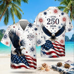 USA Independence Day Hawaiian Shirt, 250 Years Of Freedom Hawaiian Beach Shirt, Patriotic Patchwork Tropical Beach Button Unisex Shirt