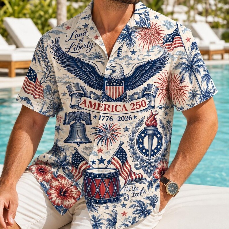 America 250th Anniversary Hawaiian Shirt, Patriotic 1776-2026 Button Up, Fourth of July Men Beach Shirt, We The People US Flag Clothing