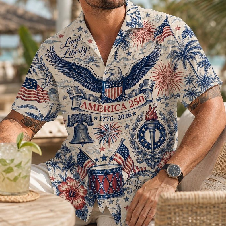 America 250th Anniversary Hawaiian Shirt, Patriotic 1776-2026 Button Up, Fourth of July Men Beach Shirt, We The People US Flag Clothing
