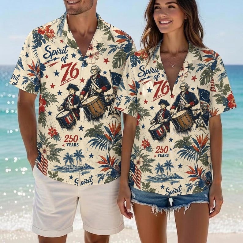 Spirit Of 76 Hawaiian Shirt, 250 Years America Hawaiian Shirt, Patriotic USA Flag Hawaii Shirt, Vintage US 250th Anniversary Button Down