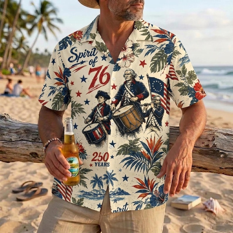 Spirit Of 76 Hawaiian Shirt, 250 Years America Hawaiian Shirt, Patriotic USA Flag Hawaii Shirt, Vintage US 250th Anniversary Button Down