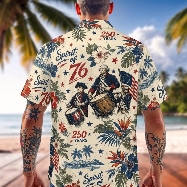 Spirit Of 76 Hawaiian Shirt, 250 Years America Hawaiian Shirt, Patriotic USA Flag Hawaii Shirt, Vintage US 250th Anniversary Button Down