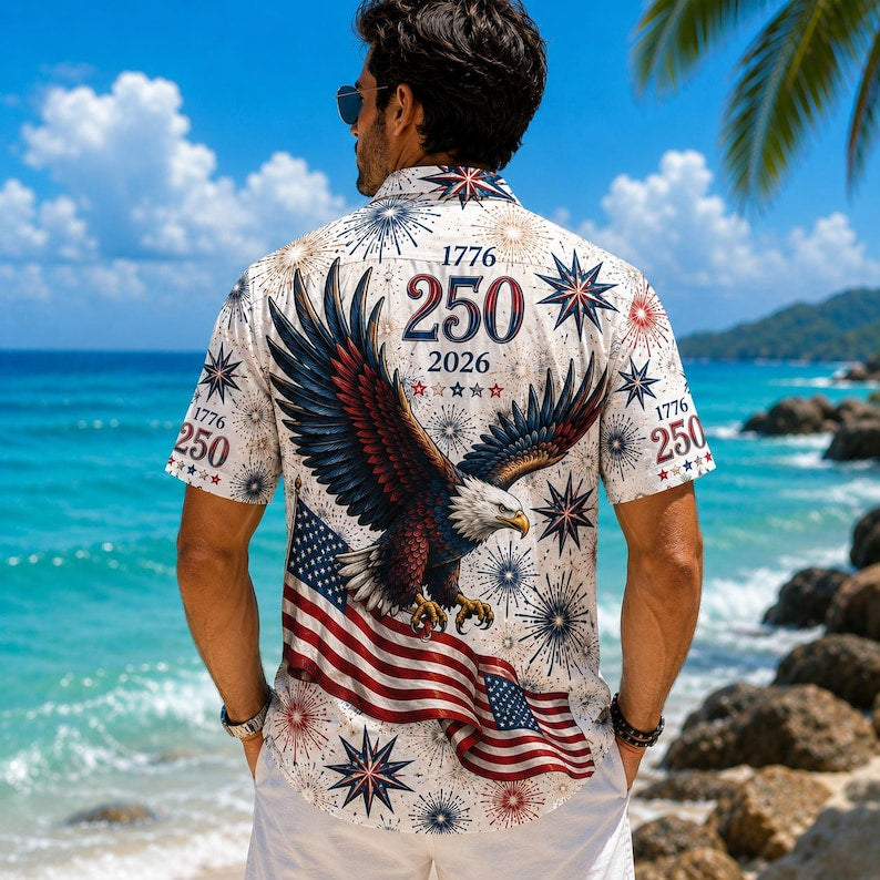 250 Years of Freedom Hawaiian Shirt, Patriotic America 1776â€?026 Tropical Button-Up, Independence Day USA Aloha Shirt for Fourth of July