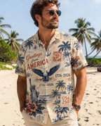 Patriotic USA 250 Year Celebration Hawaiian Shirt, Eagle Statue Liberty Hawaiian Beach Shirt, 4th Of July Beach Button Unisex Shirt