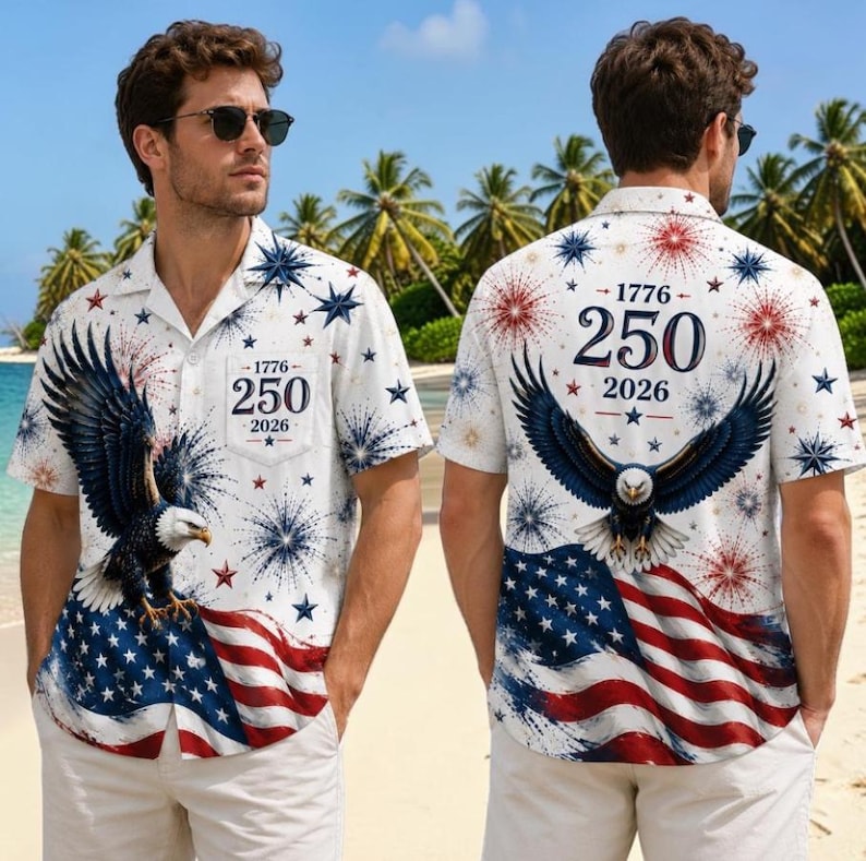 USA Independence Day Hawaiian Shirt, 250 Years Of Freedom Hawaiian Beach Shirt, Patriotic Patchwork Tropical Beach Button Unisex Shirt
