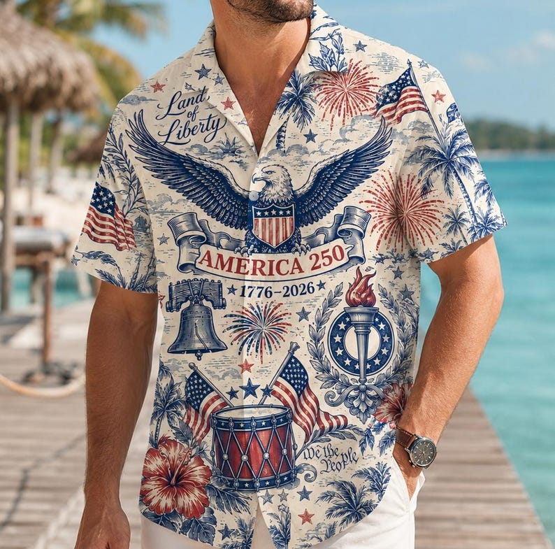 America 250th Anniversary Hawaiian Shirt, Patriotic 1776-2026 Button Up, Fourth of July Men Beach Shirt, We The People US Flag Clothing
