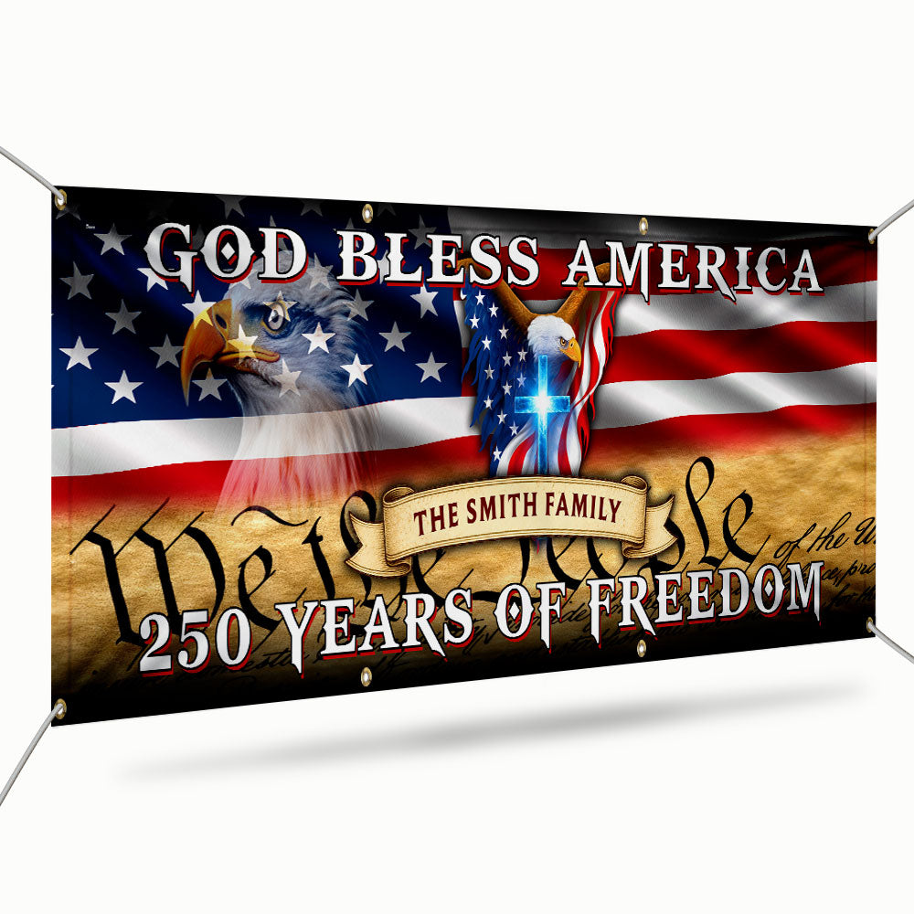 Personalized Fence Banner God Bless America, Patriotic 250 Years of Freedom Custom Outdoor Flag