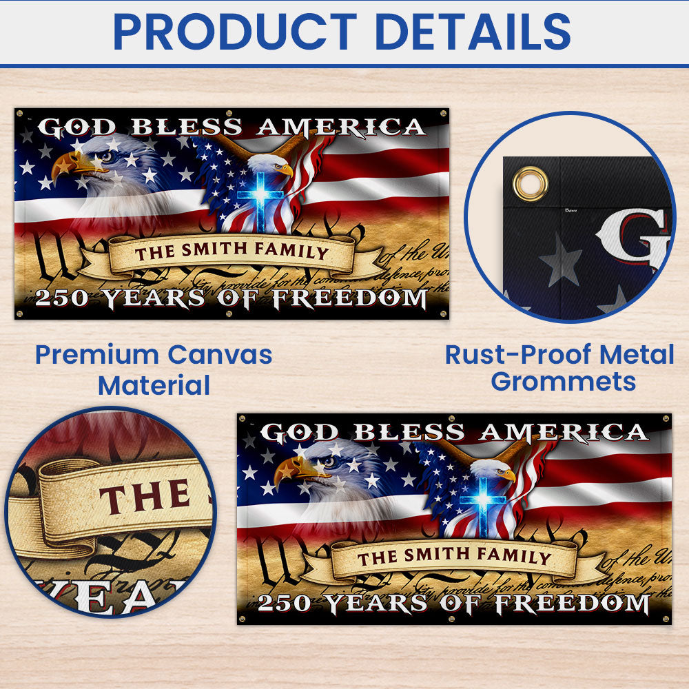 Personalized Fence Banner God Bless America, Patriotic 250 Years of Freedom Custom Outdoor Flag