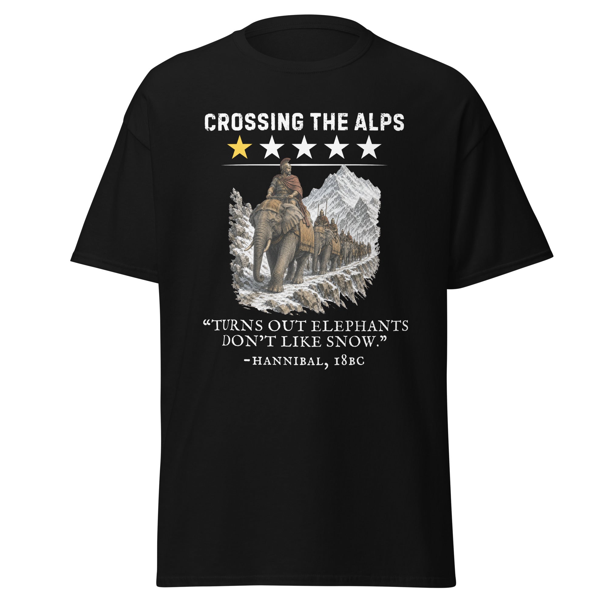 Crossing the Alps One-Star Review – “Elephants Don’t Like Snow” T-Shirt