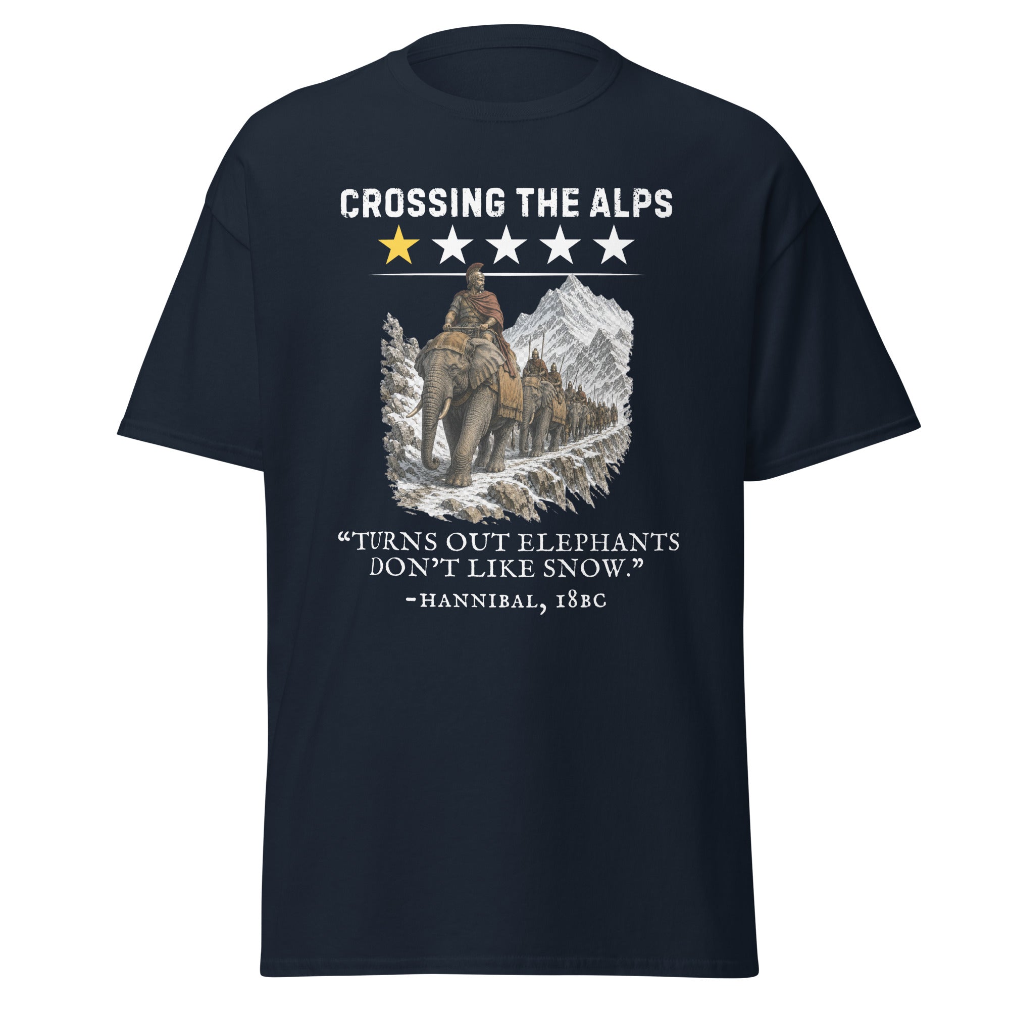 Crossing the Alps One-Star Review – “Elephants Don’t Like Snow” T-Shirt