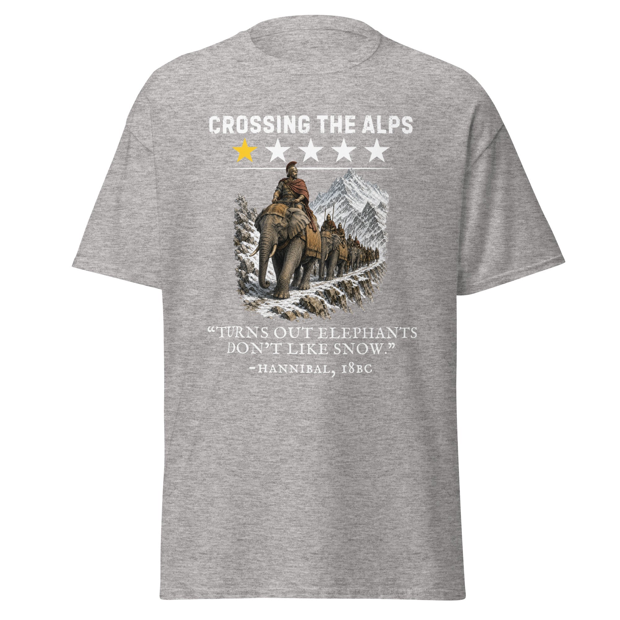Crossing the Alps One-Star Review – “Elephants Don’t Like Snow” T-Shirt