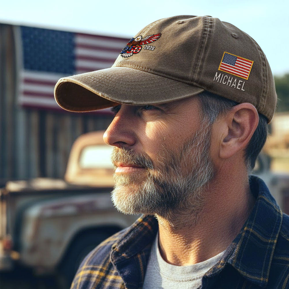 Personalized 250th Anniversary Washed Cap with Embroidered Eagle Flag